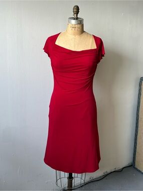 Calvin Klein Red Ruched Cowl Neck Sheath Dress Petite 2P Short Sleeve